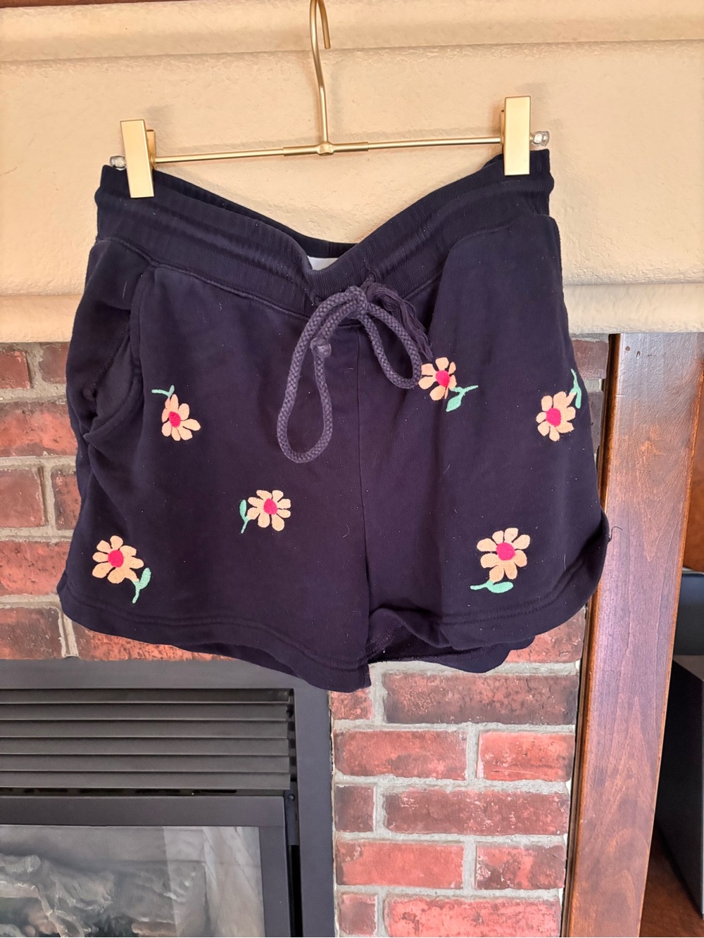 LOFT Navy Athletic Shorts with Embroidered Pink & Cream Flowers
